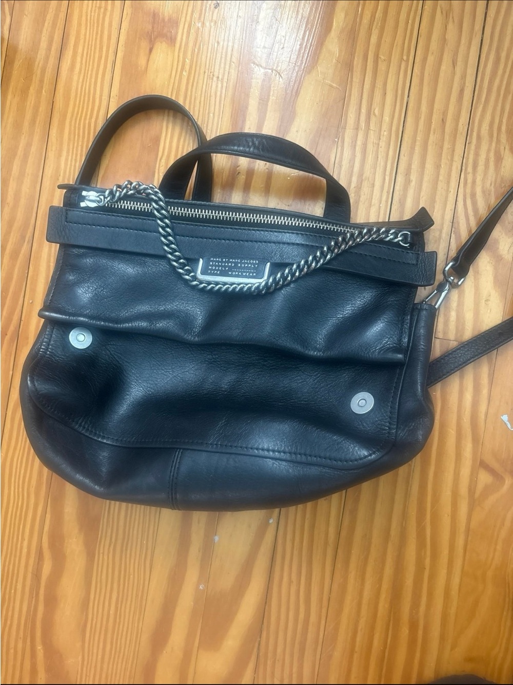 Marc Jacobs Black Leather Satchel with Silver Chain